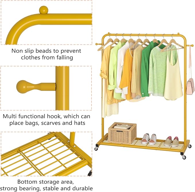 Sywhitta Clothes Rack on wheels, Clothing Rack with Bottom Mesh Storage Shelf,Sturdy Metal Frame,Rolling Garment Rack for Hanging Clothes,Coats,Skirts,39.76" L x 16" W x 64.56" H,Golden