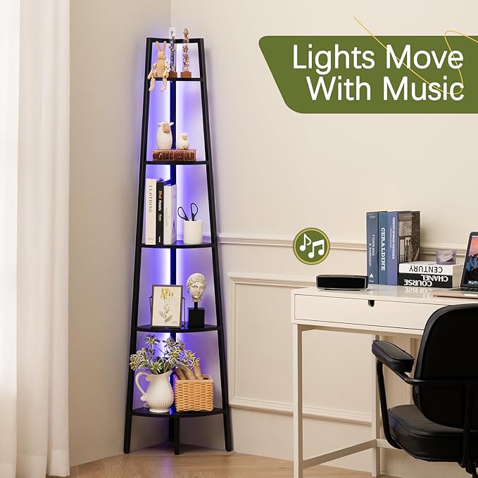 Yoobure Corner Shelf Stand, 5-Tier Bookshelf with LED Lights & Steel Frame, Tall Storage Shelves for Living Room, Bedroom, Office, Multi-Purpose Display Bookcase