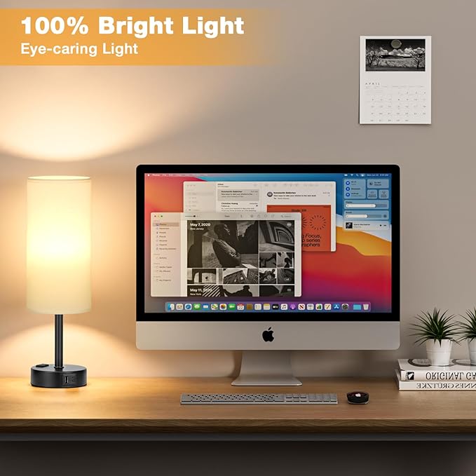 PartageiZ White Bedroom Lamps Set of 2-3 Way Dimmable Touch Table Lamps with USB C and A Ports, Bedside Lamps for Nightstand with AC Outlet, Small Desk Lamps with Black Base for Office Hotel