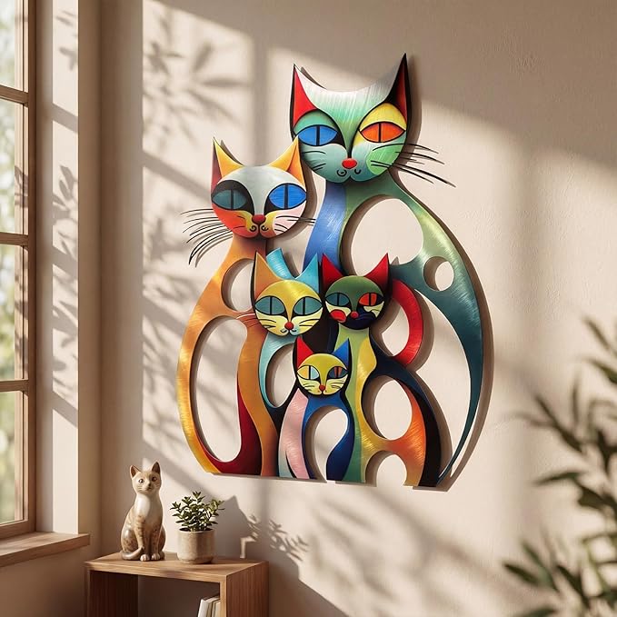 Wesiti Cat Wall Art Decor Iron Wall Sculptures Decor for Cats Lover 13.78 x 11.02 Inches Colorful Mid Century Retro Cat Signs for Home Living Room Bedroom Kitchen Office