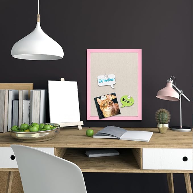 Linen Bulletin Board,13"x17" Pink Wood Frame Bulletin Boards,Beige Linen,Small Pin Board for Home Kitchen Office Decorative(PK-3343)