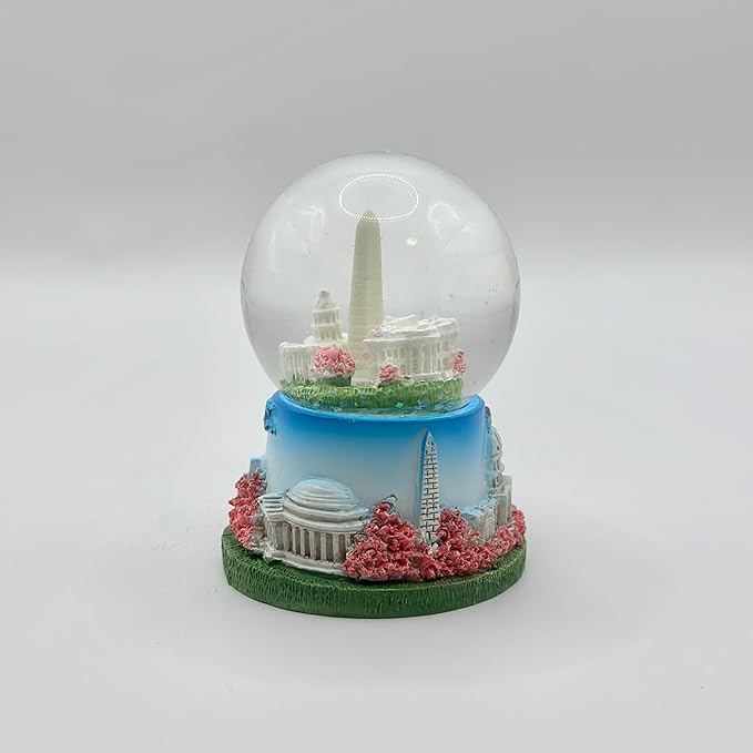 2.75" Tall Washington DC Landmarks Snow Globe, Resin Material, with Cherry Blossom, Glitter, White House, Capitol, Washington Monument (Mini Blue Base Panorama Globe)