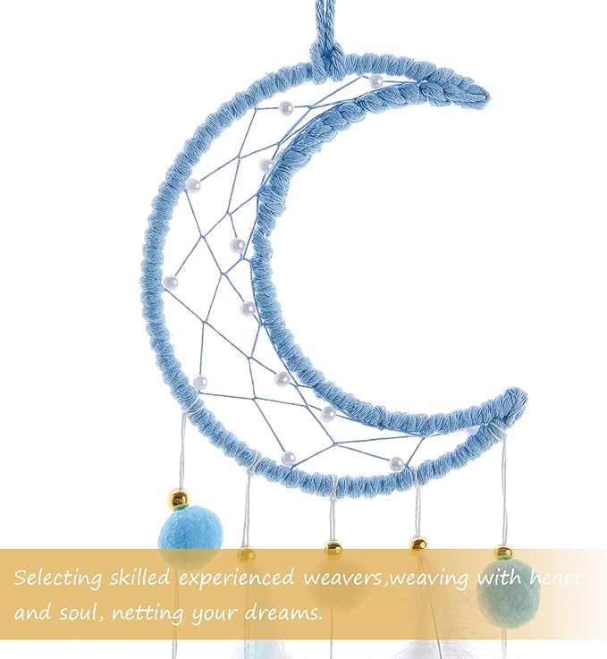 Pretty Jolly Blue Moon Kids Dream Catcher Wall Decor Pompom Feather Baby Dreamcatcher Handmade Children Dream Catcher Home Décor Wall Hanging for Nursery Bedroom Boys Girls Birthday Gift-25.6in