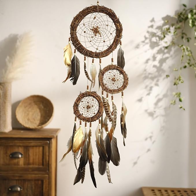 Dream Catcher Native American Boho Dreamcatcher Rattan Wall Decor, Handmade Natural Goose Feathers Large Dream Catchers Hanging Ornament Indian Decor for Bedroom Living Room (Dark Brown Mix)