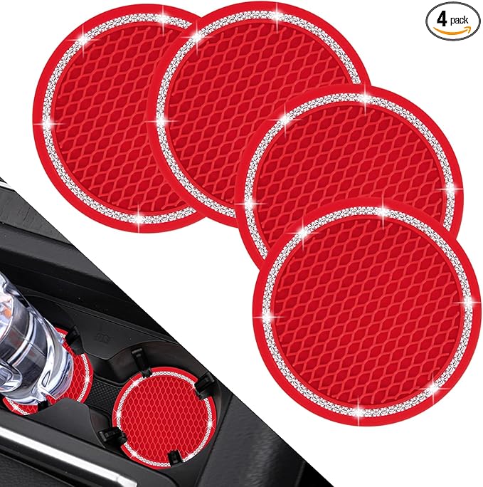 COCASES Car Coasters, 4 Pack Vehicle Bling Car Coaster, Universal Rhinestone Coaster for Cup Holders, Car Interior Accessories Silicone Car Coasters for Women(2.75'' Red, White Crystal Circle)