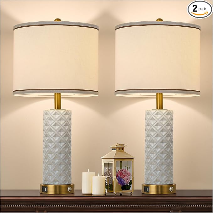 Set of 2 Table Lamp for Living Room Bedroom Farmhouse,26'' Touch Control Bedroom Ceramic Lamps 3-Way Dimmable Bedside Lamps with USB A+C Ports Linen Shade for Home(2 Bulbs Included)