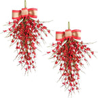 Forsythia Spring Teardrop Swag, 2Pcs Artificial Spring Summer Floral Hanging Swags with Bow for Door Wall Mantel Window Wedding Home Decor (Red)
