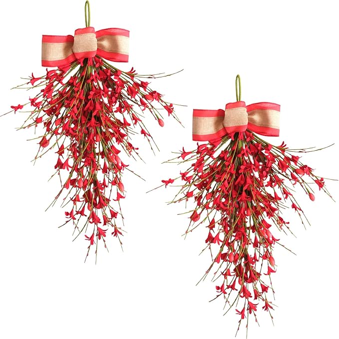 Forsythia Spring Teardrop Swag, 2Pcs Artificial Spring Summer Floral Hanging Swags with Bow for Door Wall Mantel Window Wedding Home Decor (Red)