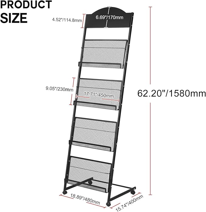 LIWSHWZ Brochure Display Stand,4-Tier Magazine Rack,Floor-Standing Magazine Literature Display Stand with Wheels,High-hardness metal,for Shop Exhibitions Office