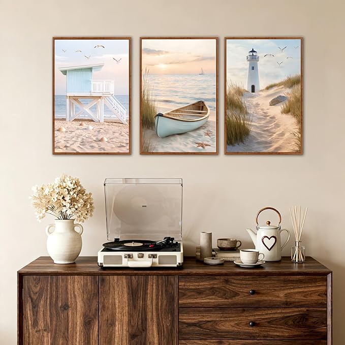 KAlRNE Coastal Ocean Wall Art Set of 3(16’’X24’’),Framed Pastel Canvas Prints with Lighthouse & Boat Paintings, Neutral Coastal Scenery Pictures for Living Room Bedroom, Large Beach Wall Art Framed