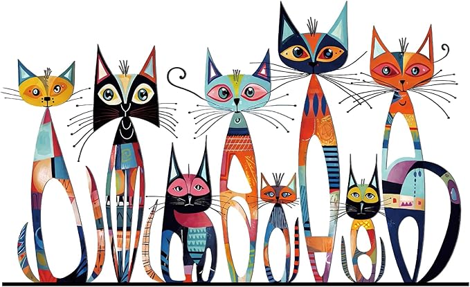Wesiti Cat Wall Art Decor Iron Wall Sculptures Decor for Cats Lover 11.81 x 7.2 Inches Colorful Retro Mid Century Cat Signs for Home Living Room Bedroom Kitchen Office