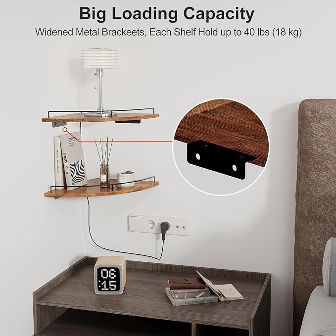 JJL Corner Shelf Wall Mounted, 12 Inches 2-Tier Floating Corner Shelf, Fan-Shaped Rustic Wood Decor with Fence, Brown Storage Organizer for Apartment Bedroom Kitchen Bathroom