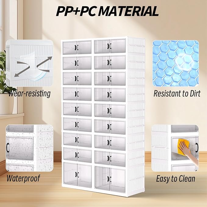 FAHKNS Foldable Shoe Rack, Transparent Shoe Boxes with Magnetic Double Doors, Shoe Organizer Storage for Entryway/Bedroom/Cloakroom, Large Shoe Cabinet with Hidden Bottom Roller 9 Tiers 4 Row (White)