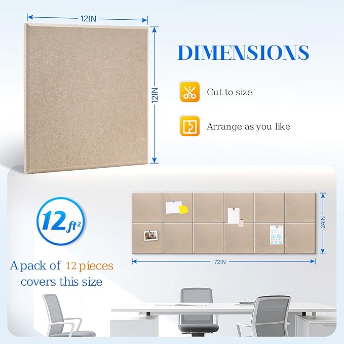 DOLLAR BOSS Large Cork Board for Wall 48" x 36" x 0.5" Bulletin Board 12 Packs Corkboard Tiles Self Adhesive Felt Wall Tiles for Office Home School, Latte