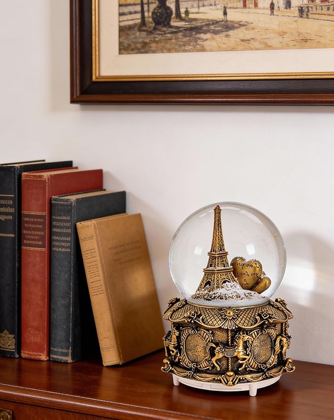LED Music Snow Globe Vintage Eiffel Tower Buildings Embedded Carousel Retro Home Decoration for Book Shelf Cabinet Floating Board Office Desk Table Top Decor Centerpieces Ornament (Gold)
