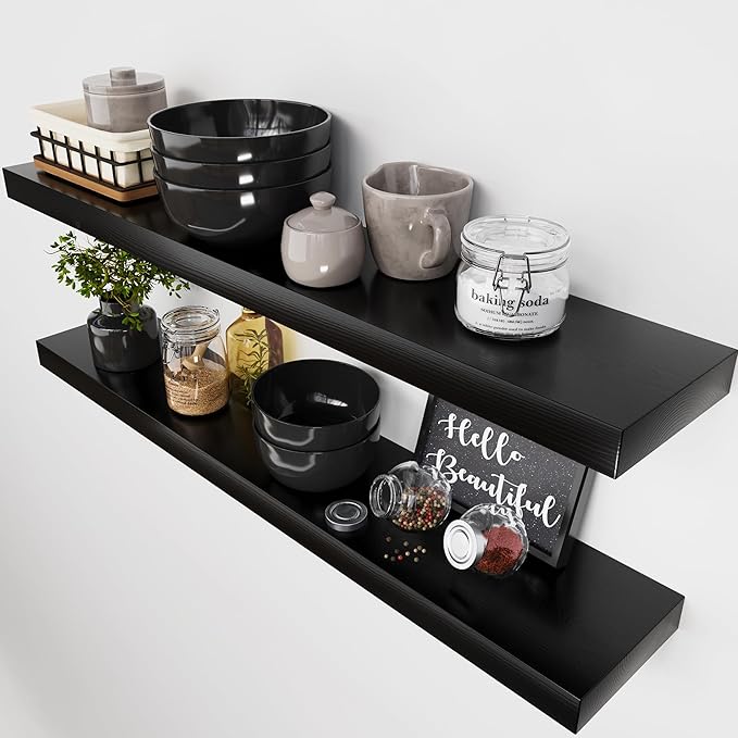 BAOBAB WORKSHOP Wood Floating Shelves for Wall 36 Inches Long - Heavy Duty Wall Shelf for Bedroom, Solid Wooden Bathroom Shelves Large 36 Inch Kitchen Farmhouse - Black Shelf, 36W × 6.7D, Set of 2