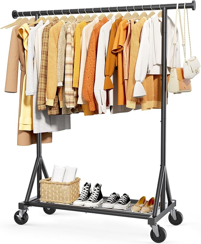 Heavy Duty Stainless Steel Rolling Clothes Rack with Mesh Shelf, Lockable Wheels & Anti-Slip Stoppers, Large Capacity Clothing Organizer for Bedroom, Laundry Room, 42.5" x 16.5" x 65.9", Black