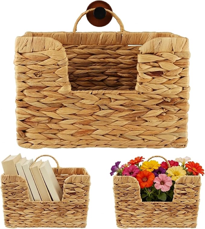 Hanging Magazine Basket, Handwoven Water Hyacinth Wall Magazine Holder with Handle for Books & Files, 11.8x4.3x7.9 Inch Water Hyacinth Farmhouse Storage Rack with Hook for Bathroom, Kitchen, Office