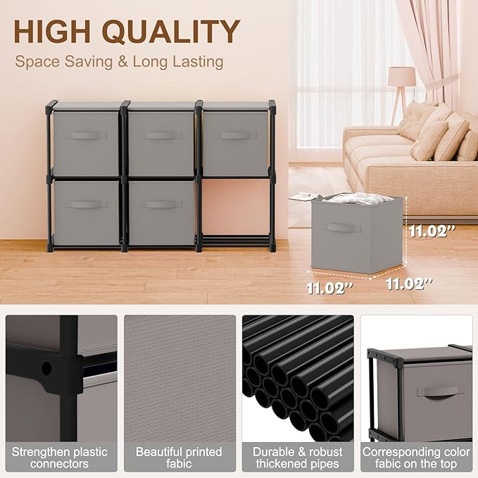 6 Cube Storage Organizer with Shelf Back to School Boxes 11 Inch Toy Storage Bins Closet Organizers Drawers Fabric Dresser for Playroom Books Bedroom Dorm Kitchen (Grey)