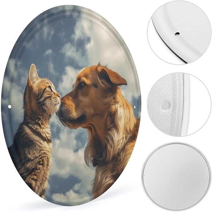 Wall Picture, with Dog and Cat Face to Face Printed Circular Iron Hanging Picture,Wall Art Decor,Home for Bedroom Living Room Bathroom Decor,Iron Painting 11.8X11.8 in