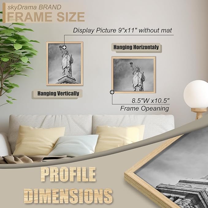 Natural Solid Wood 9x11 Picture Frame, Display 9 x 11 Inch Picture Poster Photo, Vertical & Horizontal Wall Hanging - 2 Pack/Natural/9"x11"