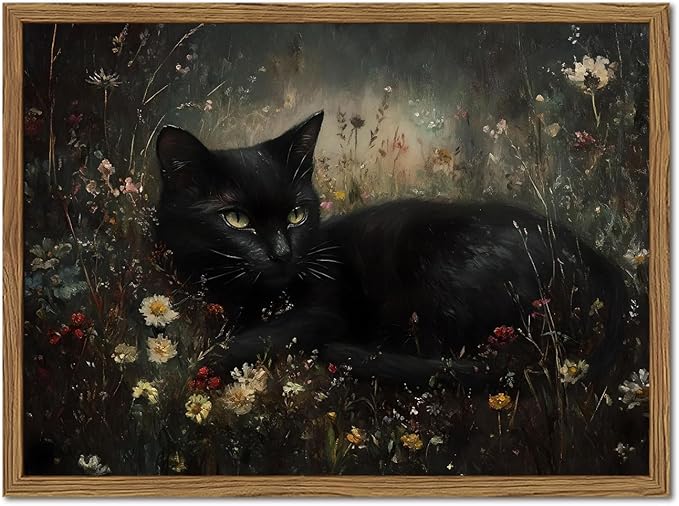 Framed Vintage Black Cat Canvas Wall Art, Gothic Dark Academia Cat Pictures Wall Decor, Moody Floral Animal Paintings Prints Cottagecore Home Decor for Living Room Bedroom Bathroom 12x16 inch