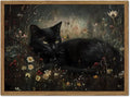 Framed Vintage Black Cat Canvas Wall Art, Gothic Dark Academia Cat Pictures Wall Decor, Moody Floral Animal Paintings Prints Cottagecore Home Decor for Living Room Bedroom Bathroom 12x16 inch