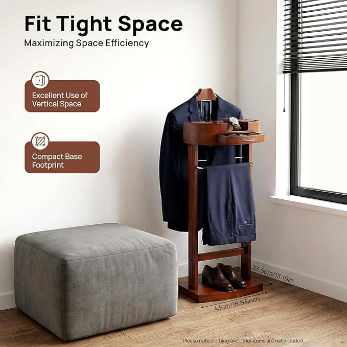 Wood Valet Stand, 42 Inch Freestanding Suit Rack Coat Stand with Trouser Bar and Tie Hooks for Entryway Bedroom Office, 22 lbs Capacity
