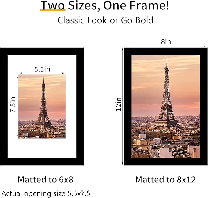 8x12 Picture Frame 3 Pack - Black Poster Frame Display Pictures 6x8 with Mat or 8 x 12 Without Mat for Wall Hanging Horizontal and Vertical