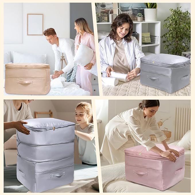 Ultra Space Saving Self Compression Organizers, 2 Pack Double Zipper Compression Packing Cubes for Bedding, Comforter Storage Bag for Blankets Duvet Quilts Pillows Queen King (Beige, X-Large)