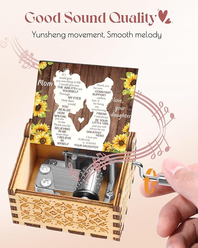 Swooflia Mother's Day Wooden Music Box for Mom with Sunflower Greeting Card - Hand Crank Engraved Musical Box Vintage Mechanism Personalized Gifts for Women Grandma On Birthday