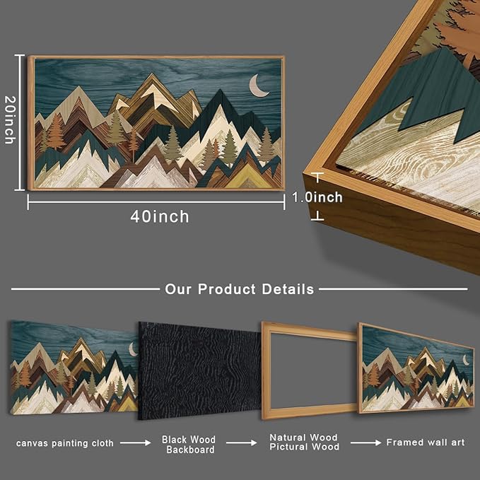 BINCUE Mountain Wall Art Framed Mountain Wall Pictures Nature Forest Wall Decor Rustic Farmhouse Wall Paintings Moon Art Large Landscape Artwork for Farmhouse Living Room Bedroom Dining Room 20x40 Inch