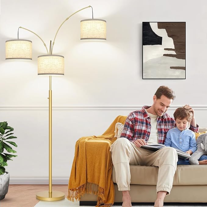Nintiue Dimmable Floor Lamp - 3 Lights Gold Arc Floor Lamps for Living Room, 1000LM Modern Tall Standing Lamp with White Shades, Mid Century Tree Floor Lamp for Bedroom Office, 3 LED Bulbs Included