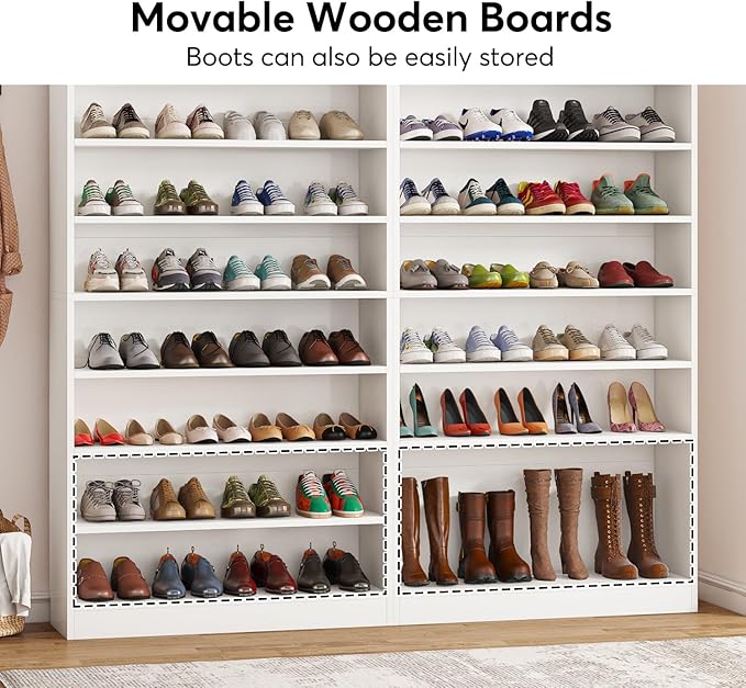 Tribesigns 2PCS Shoe Cabinet, 9 Tiers 40-45 Pairs Heavy Duty Wood Freestanding Shoe Storage Cabinet, 70.8'' Tall Shoe Cabinet with Open Storage for Entryway (White)