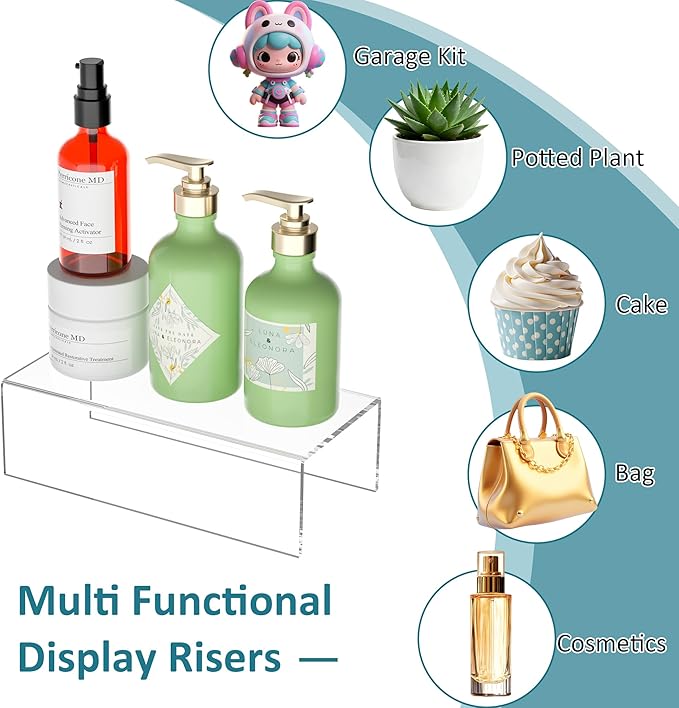 Acrylic Shelf Riser 10x4.7x3 pack of 2, Desktop Rectangular Acrylic Tray Pedestal Stand for Home Décor, Figures, Manga or Other Collectibles, 10x4.7x3 Inch
