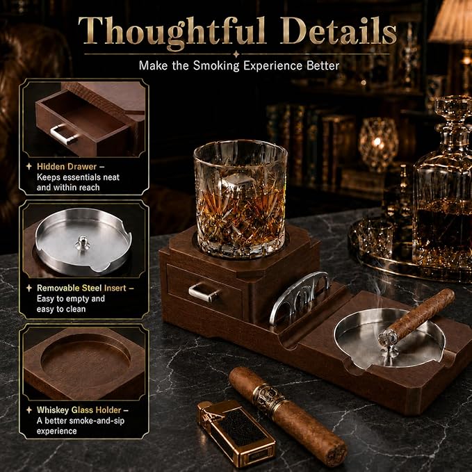 Cigar Ashtrays, Whiskey Glass Tray and Wooden Ash Tray Detachable Outdoor Ashtray for Cigarettes, Gift Set with Cigar Cutter, Great Decor for Home Office Gifts for Men