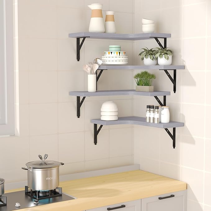 ROMGUAR CRAFT Corner Floating Shelves Wall Mounted Set of 4, Rustic Wood Storage Display Shelves for Home Decor, Bathroom, Kitchen, Bedroom, Living Room, Office (Light Grey)