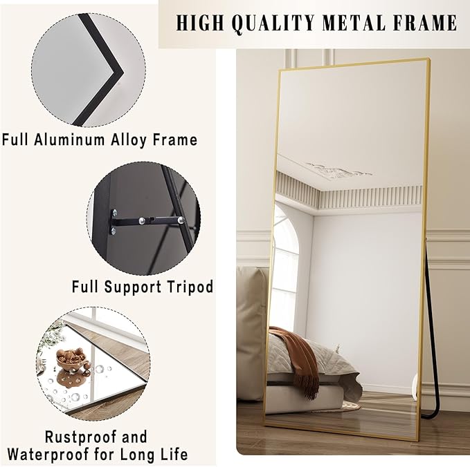 BEAUTYPEAK Full Length Mirror, 58"x14" Standing Hanging or Leaning Against Wall Floor Mirrors Body Dressing Wall-Mounted for Living Room, Bedroom with Aluminum Alloy Thin Frame, Gold