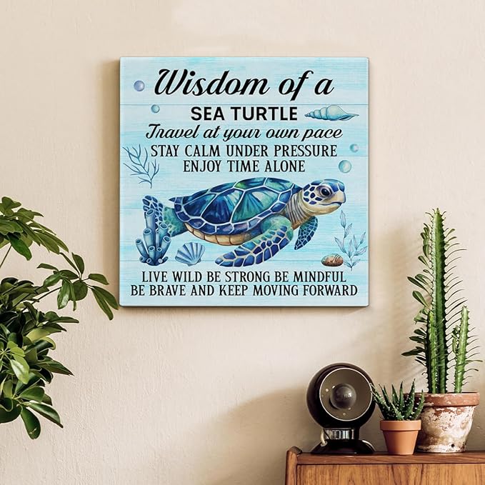 Sea Turtle Wall Art Decor Inspirational Wall Decor Posters Beach Themed Decoration for Bathroom Bedroom Living Room Home Office, Sea Turtle Gifts for Turtles Lovers (8 X 8 Inches, Framed)