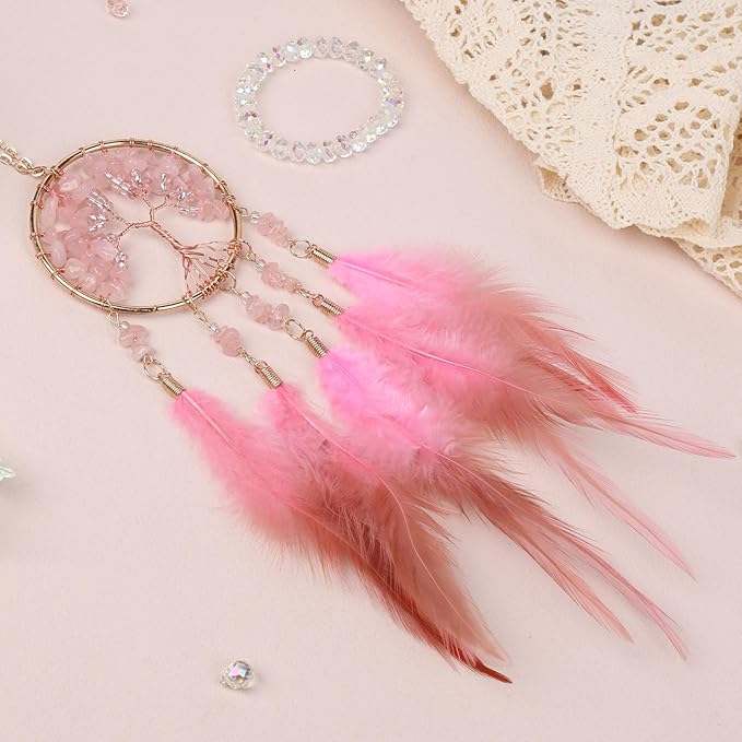 Pretty Jolly Small Tree of Life Crystal Stone Dream Catchers Pink Feathers Mini Dreamcatchers for Cars Rear View Mirror Hanging Decoration Good Luck Travel Charm Bedroom Ornaments for Women Girls