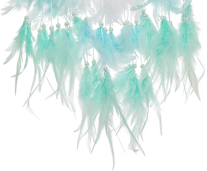 Large Rattan Dream Catchers - Light Blue Rooster Feather with Luxury Pearl, Multiring, Handmade Dreamcatcher for Bedroom, Dream Catcher for Girls, Dream Catchers for Boys, Dream Catcher Wall Decor