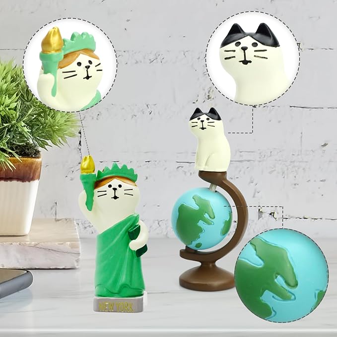 RAQWI Cute Mini Cat Holding the Torch Figurine Cute Cat Standing on Globe Figurine for Office, Home Decoration Perfect Cute Cat Gift for Cat Lovers