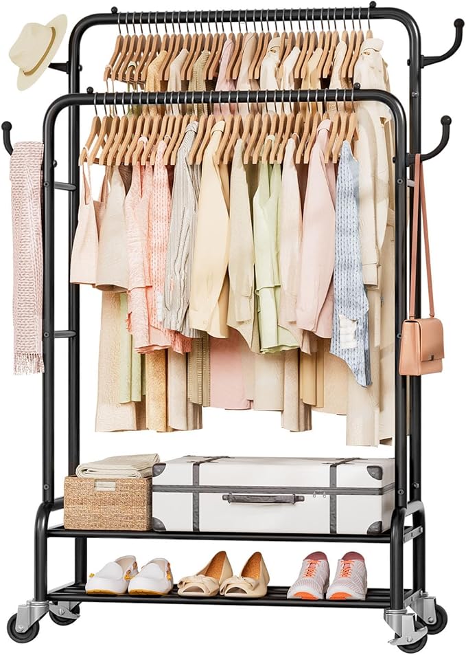 Homde Heavy Duty Clothes Rack: 265lb Rolling Double Rod Garment Hanging - Metal Coat Organizer Storage Display Shelf on Wheels for Bedroom Laundry