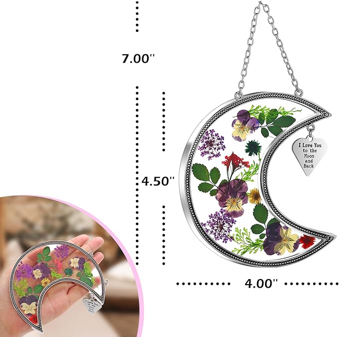 KY&BOSAM Moon Suncatcher Stained Glass for Window Hangings Wind Chime Decor with Pressed Real Flower and Metal I Love You to The Moon and Back Charm Birthday Gift for Women Mom Mother`s Day Christmas