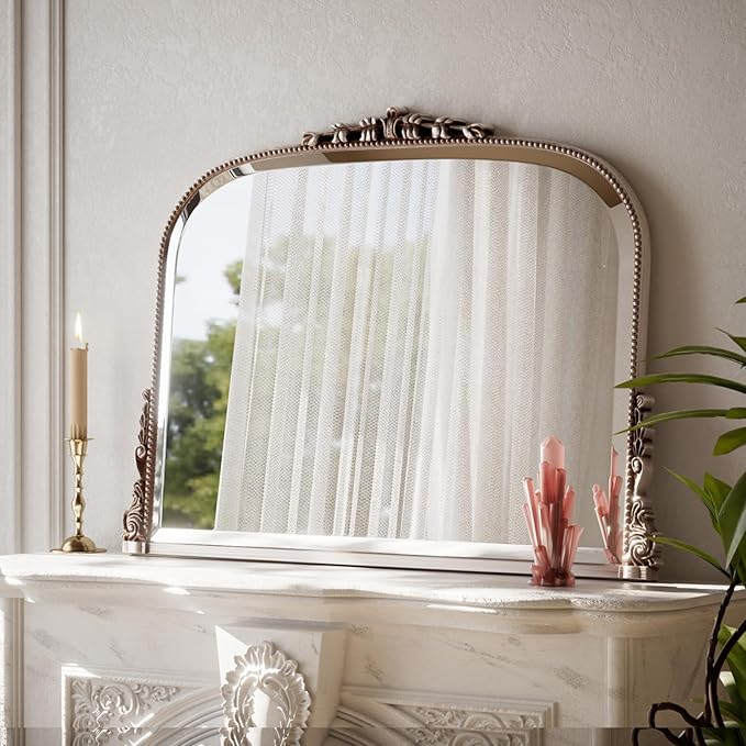 Wall Beaded Mirror, 36 x 27 Inch Round Top Right Angle Wall Mirror, Tempered Glass, Rust Resistant, Horizontally or Vertically Hanging, Silver