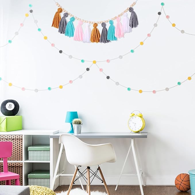Syhood 3 Pcs Boho Tassel Garland Wall Hanging Decor 1 Boho Tassel Garland with Wood Beads and 2 Western Colorful Pom Pom Ball for Classroom Party Wedding Baby Shower Home Decorations(Simple Colors)