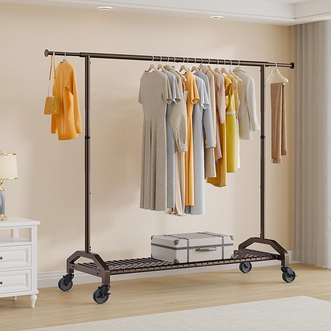 Heavy Duty Clothes Rack for Hanging Clothes Extendable Rolling Clothing Rack for Hanging Clothes 51 to 71" W x 16.53" D x 65" to 71" H 350lbs Snap Adjust Height Coat Rack