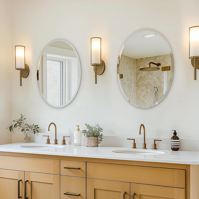 USHOWER Bathroom Mirror for Over Sink, 20x28 Inch Oval Frameless Mirror, Beveled and Polished, Decorative Wall Mirror for Bathroom, Bedroom, Vanity, Entryway, Modern and Elegant