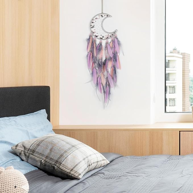 Pretty Jolly Moon Dream Catchers Wall Decor with Crystals Crescent Handmade Dream Catcher Pink Grey Feathers Dreamcatchers Wall Hanging for Girls Bedroom Wedding Wish Blessing Gift
