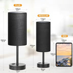 17.4inches Tall Black Touch Table Lamps Set - 3 Way Dimmable Bedside Lamps with USB C and A Ports, Small Lamps for Nightstand with AC Outlet, Round Flaxen Shade for Desk, Office, Dorm, Nursery